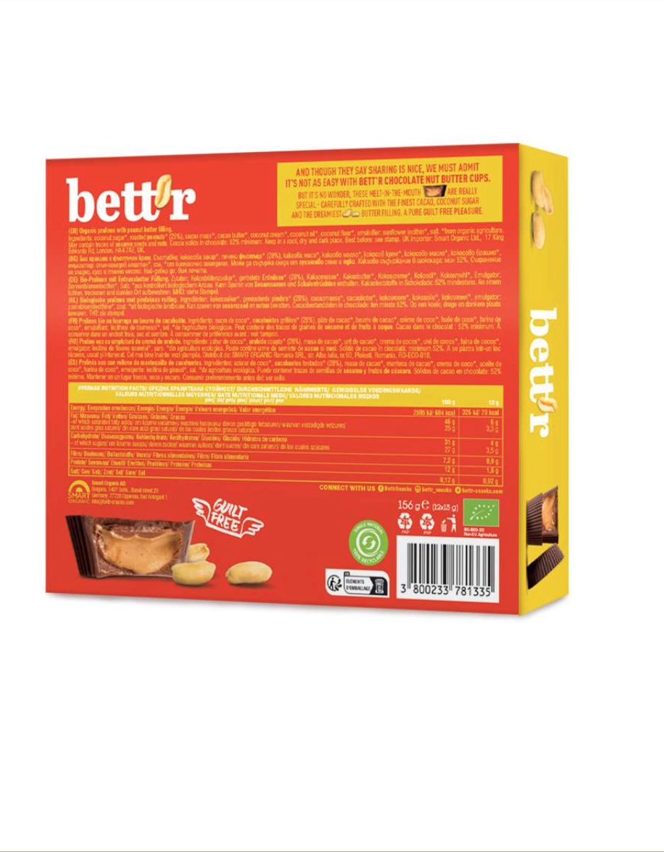 Pralinki wypełnione masłem orzechowym Bio – Bett’r Bio PEANUT CREAM CUPS BIO 12x 13g